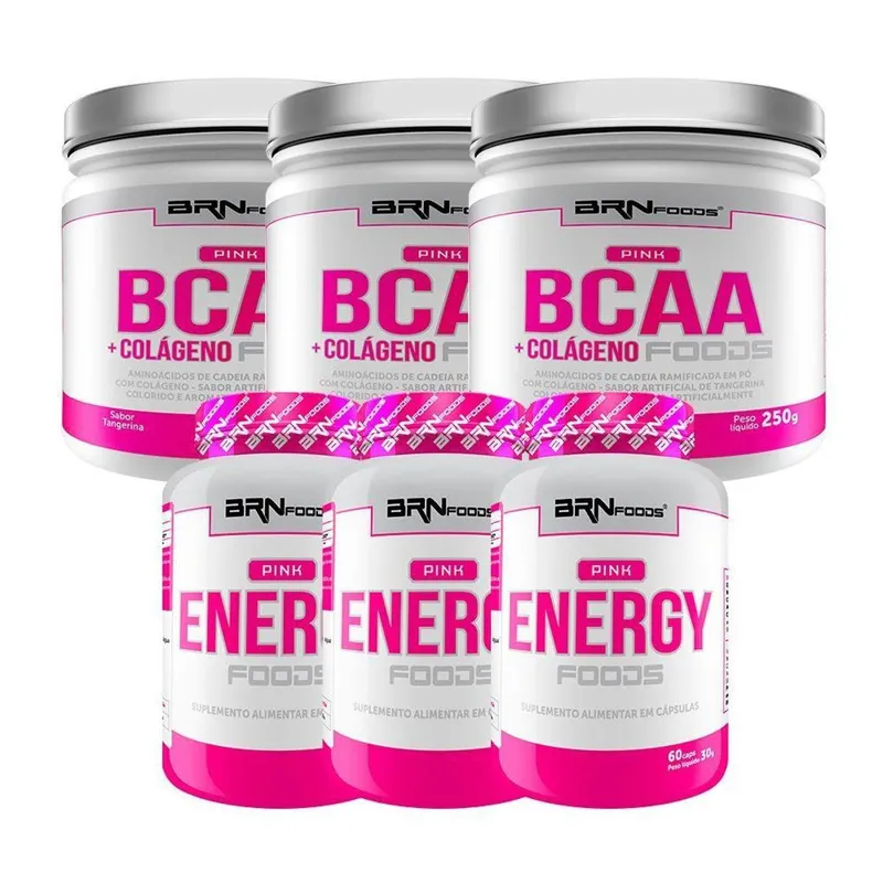 3x Pink BRNFOODS BCAA com Colágeno 250g + 3x Pink Energy 60 caps