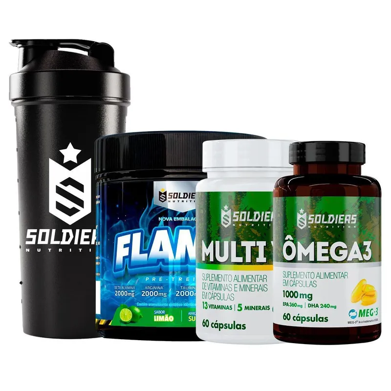 Kit: 2x Ômega 3 + 2x Multivitaminico + 2x Pré-Treino Flames 200g +1x Coqueteleira Simples 600ml