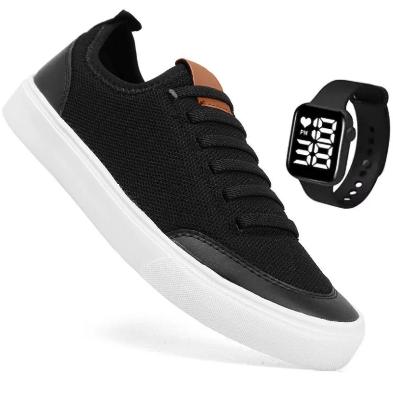 Kit Tenis Sapatenis Cano Baixo Masculino Preto Casual Nylon Sola Reta Leve Macio Confortável+Relógio