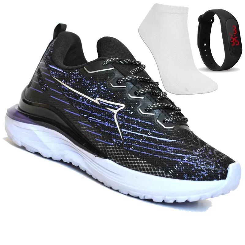 TENIS FEMININO P/ ACADEMIA E CAMINHADA RYN R1502N + RELOGIO + MEIA - PRETO/UVA