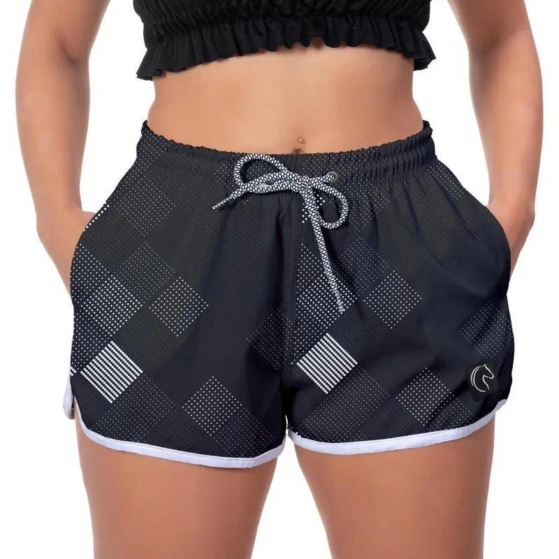 Short Praia Feminino Quadriculado Branco Estampado Academia Caminhada Corrida Qualidade