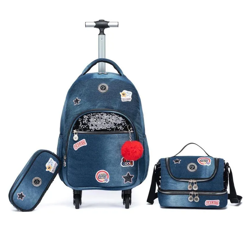 Mochila Rodinhas Feminina Estojo Lancheira Espaçosa Escola Resistente