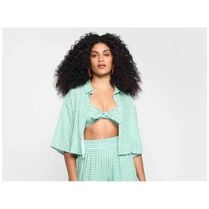 Camisa Vista Cropped Xadrez Manga 3/4