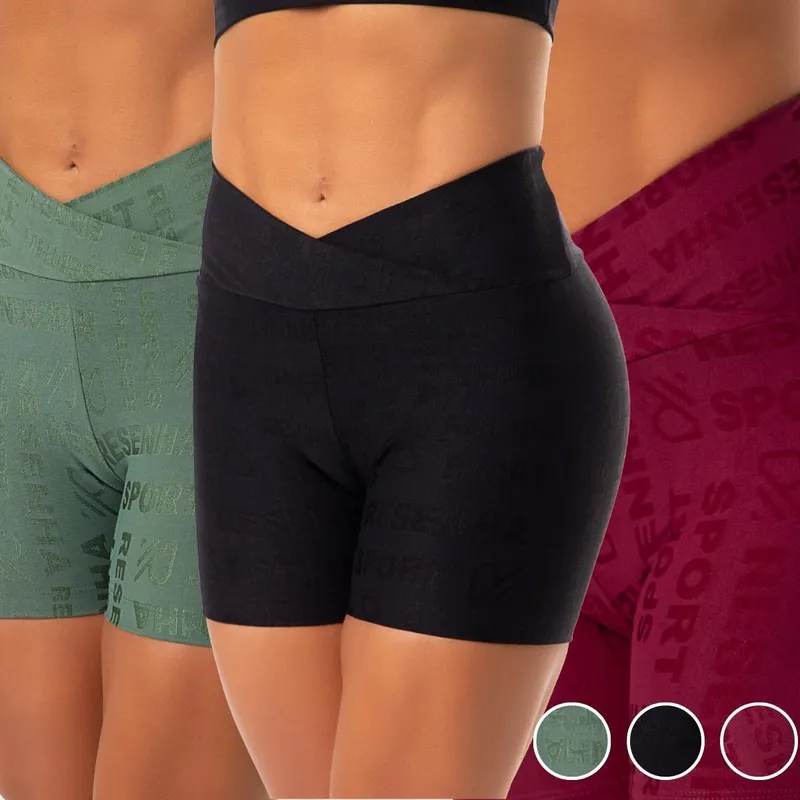 Kit 5 Shorts Fitness Poliamida Cós Alto Não Transparente Resenha Sport Original