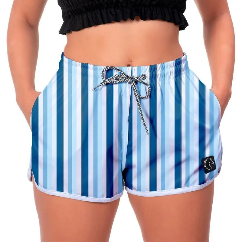 Short Cintura Alta Feminino Listrado Soltinho Academia Premium Praia