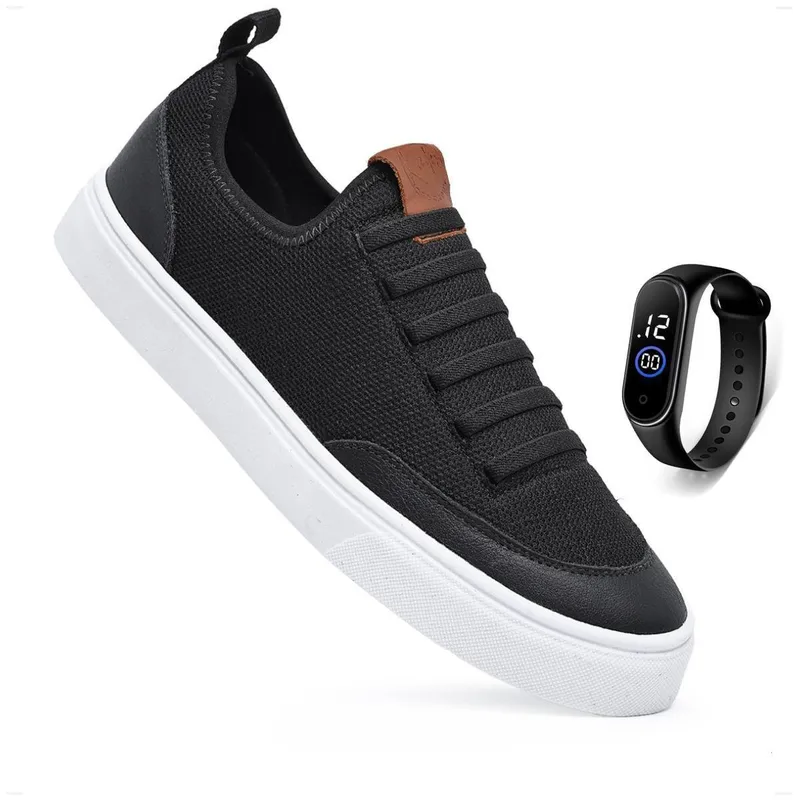 Tenis Sapatenis Cano Baixo Casual Calce Facil Cadarço Elástico Preto Confortável Leve + Relógio