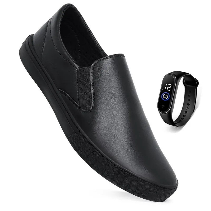 Kit Tênis Sapatênis Casual Slip On Calce Fácil Iate Sem Cadarço Leve Conforto Unissex + Relógio