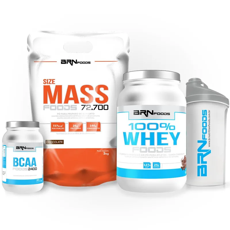 Kit Size Mass 3kg + 100% Whey Foods 900g Baunilha + BCAA Fit 120tabs + Coqueteleira - BRNFOODS