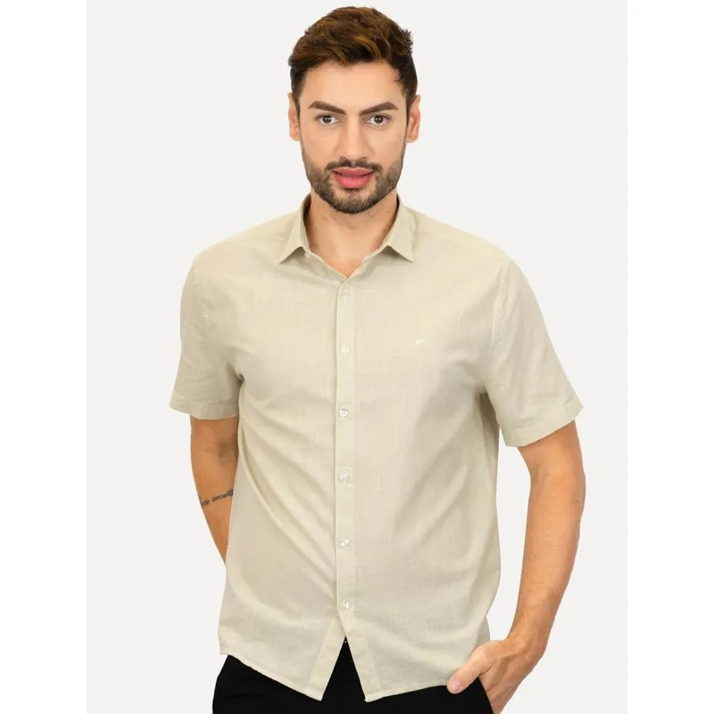Camisa Ellus Masculina Regular Manga Curta Linen Like Surf New Italian Cáqui Claro
