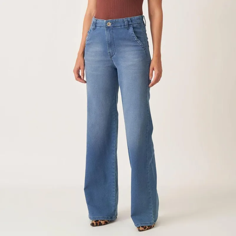 Calça Jeans Confort Wide Cintura Alta Cós Revel Listras Interna