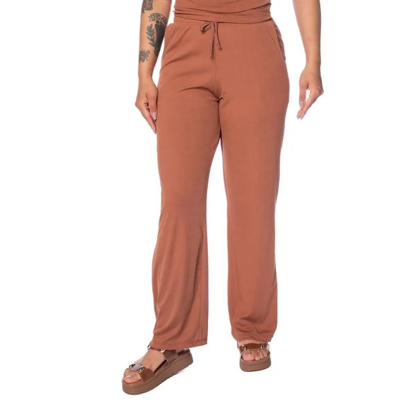 Calça Feminina Babicat Reta Cintura Média Canelada Bege