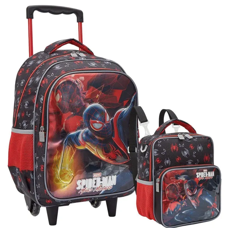 Kit Mochila Rodinhas Pequena Lancheira Creche Escolar Homem-Aranha Miles Morales Xeryus 13361