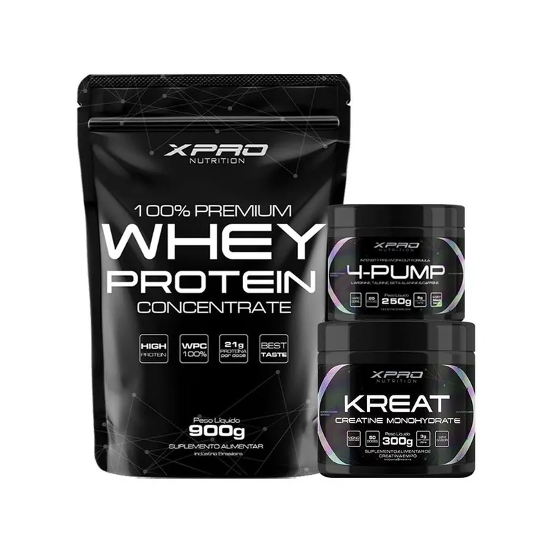 Kit 100% Whey Protein 900g + Creatina Kreat 300g + Pré-Treino 4-Pump 250g - Xpro Nutrition