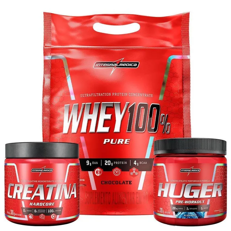 Kit Whey 100% 900g Pouch Chocolate + Creatina 100% Pura 300g + Huger 320g