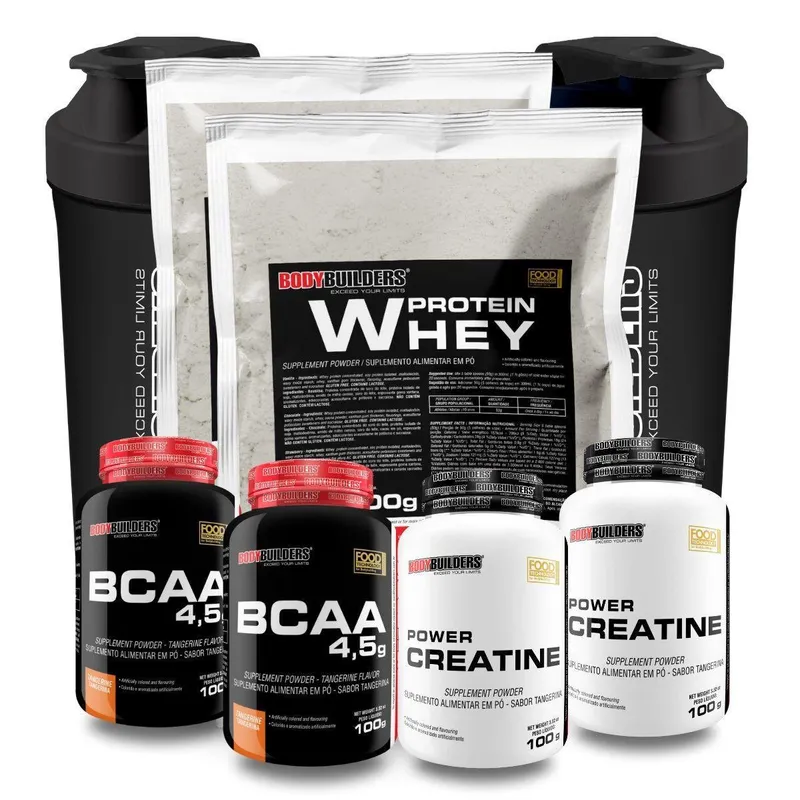 Kit 2x Whey Protein 500g + 2x BCAA 100g + 2x Creatina + 2x Coq - Bodybuilders