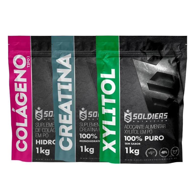 Kit: Colágeno 1Kg + Creatina Monohidratada 1Kg + Xylitol 1Kg - 100% Puro - Soldiers Nutrition