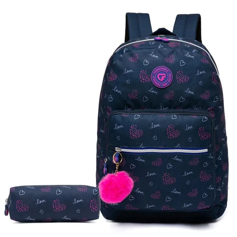 Kit Mochila + Estojo Ferrazzi Feminina Detalhes LOVE
