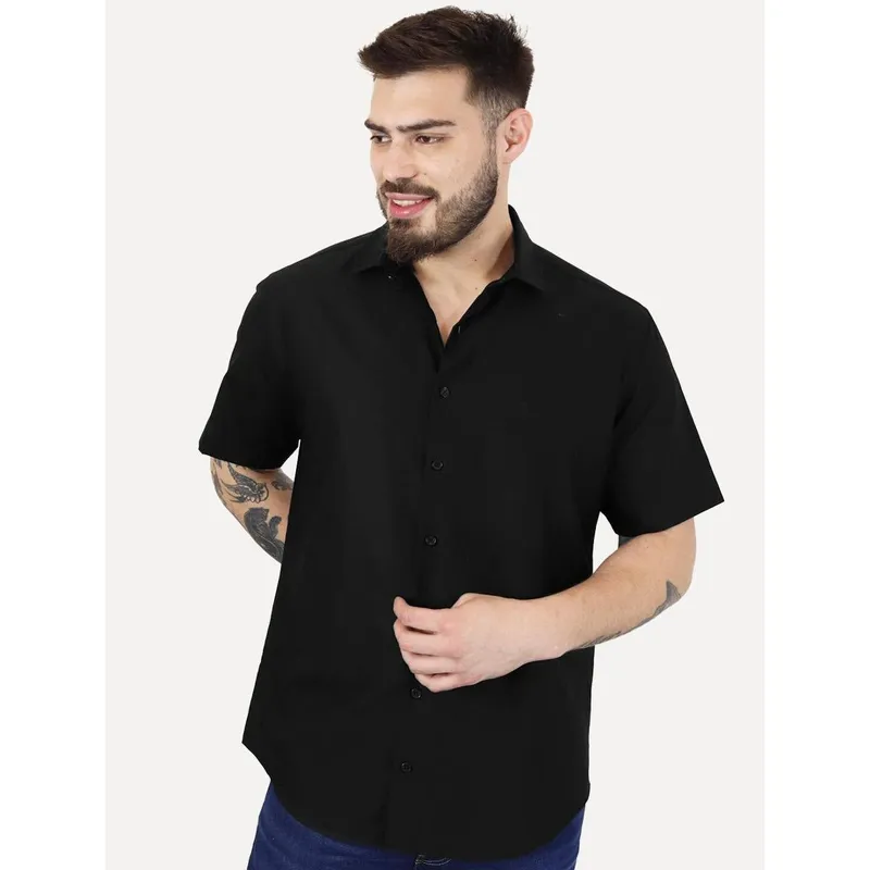 Camisa Dudalina Masculina Manga Curta Comfort Superfine Cotton Dark Logo Lisa Preta