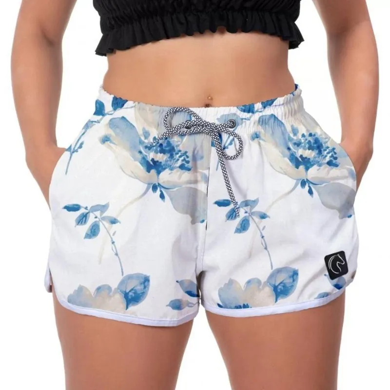 Elastano Short Praia Flores Azuis Piscina Conforto Passeio Lançamento