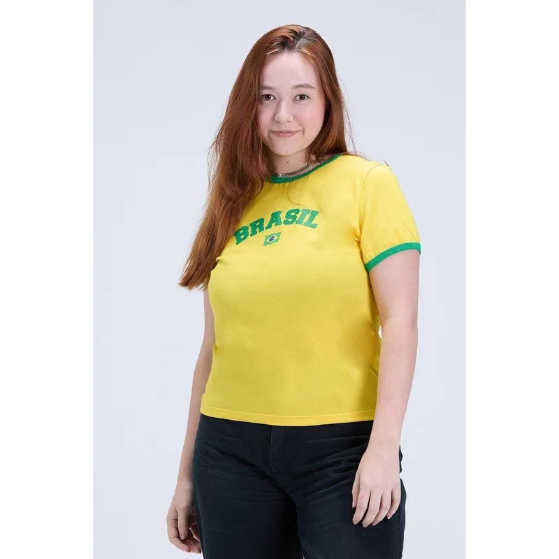 Camiseta Baby Look Feminina Brasil Copa 100% Algodão Amarela