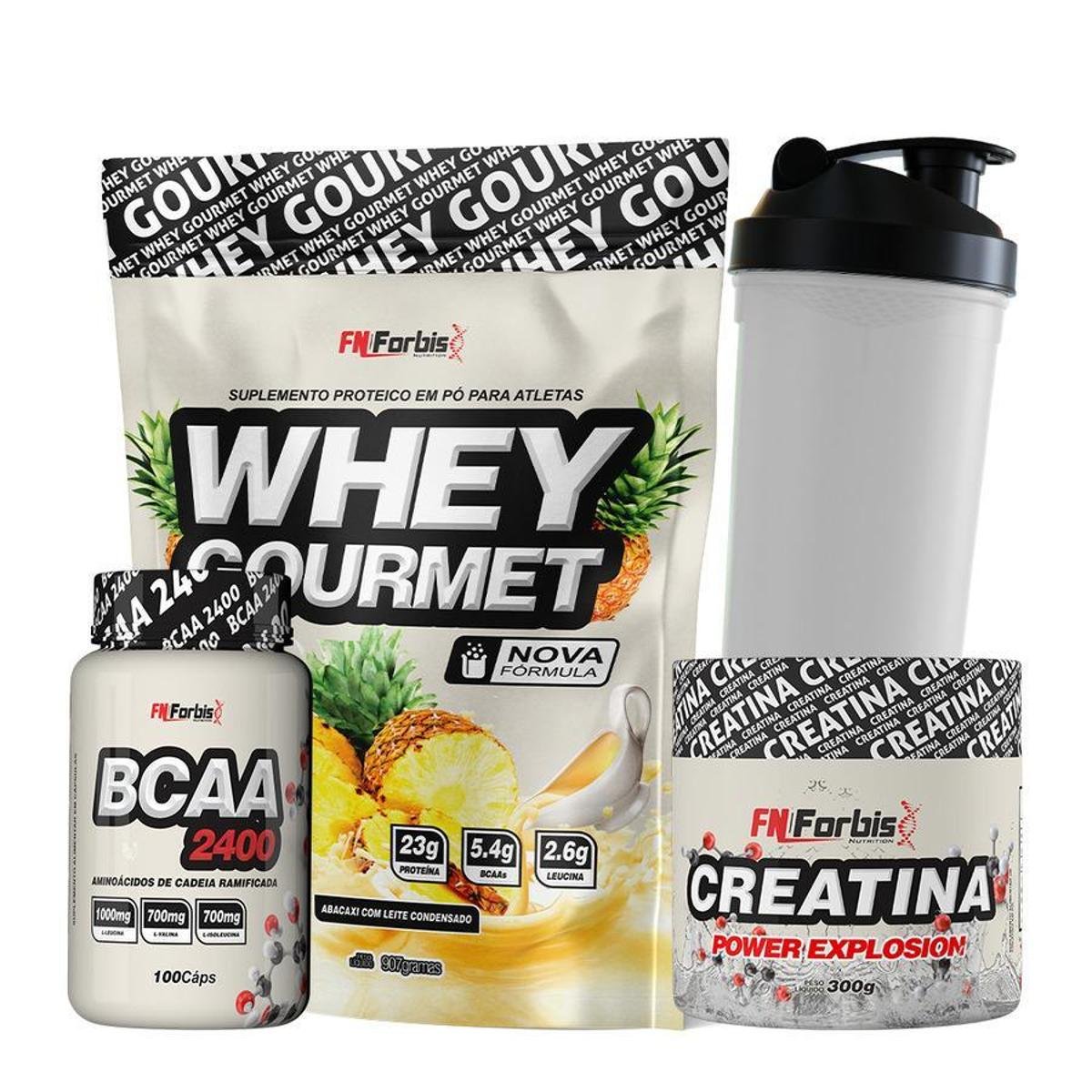 Kit Whey Protein Refil + Creatina 300g + BCAA cáps + Coqueteleira - FN Forbis Nutrition