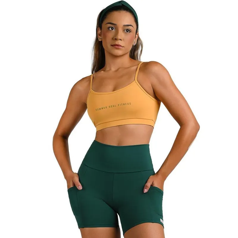 Conjunto Fitness Short Curto Cós Alto Com Bolso e Top Alça Fina Com Bojo Edição Copa