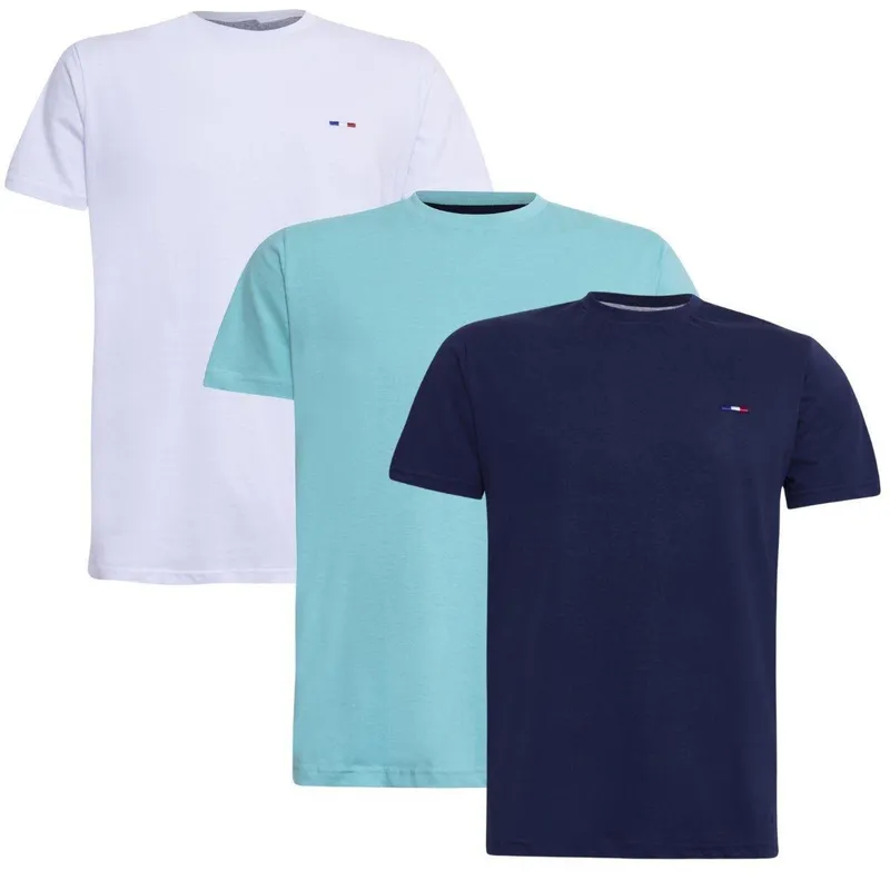Kit 3 Peças Camisetas Básicas Algodão Premium no Estilo Clássico Bordado França Marinho Branco Bebê