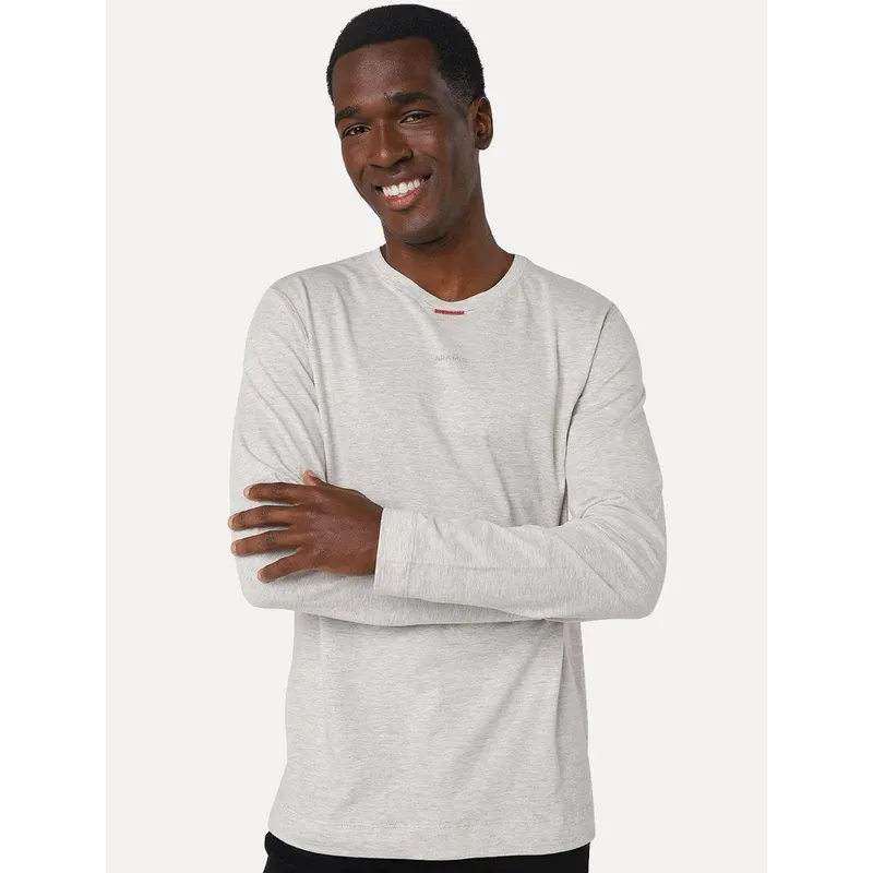Camiseta Aramis Masculina Manga Longa Lisa Bordado Gola Areia Mescla