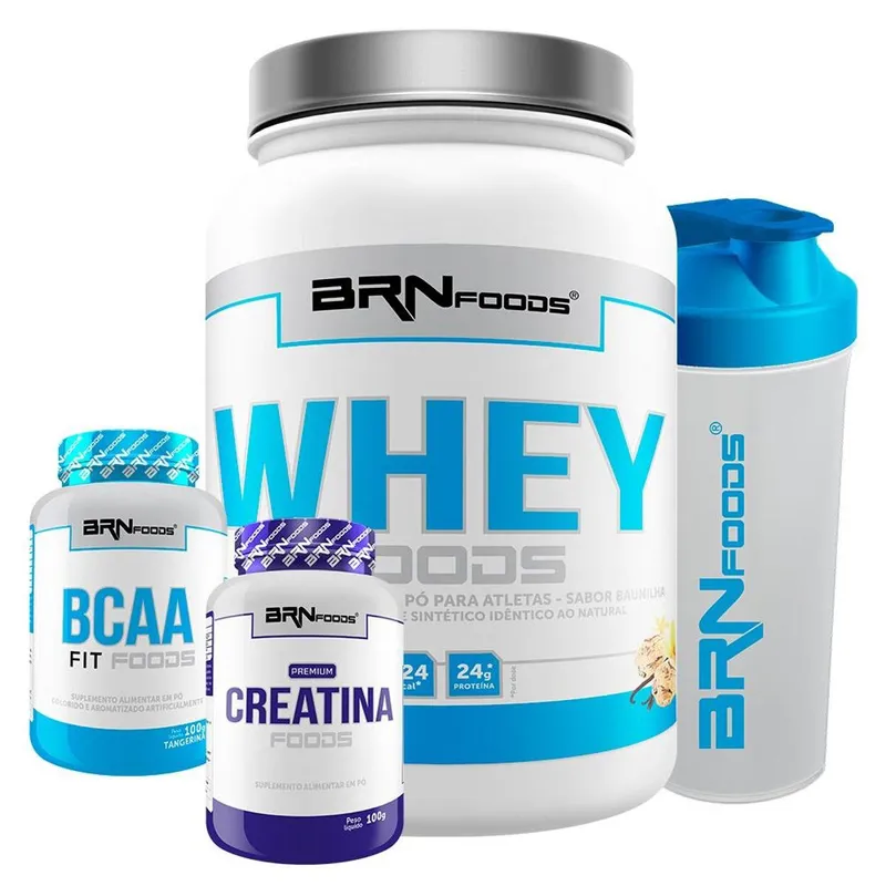 Kit Whey Foods 900 G + BCAA Foods 2400 100 Cáps + Creatina Foods 100 G + Coqueteleira - Brn Foods