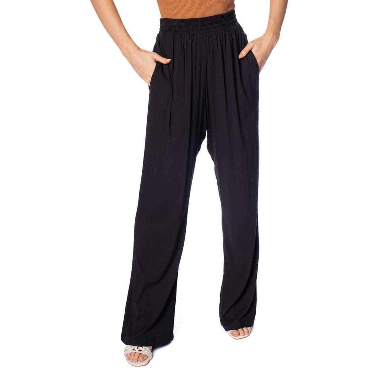 Calça Feminina Giraffe Reta Viscose com Elástico Preto