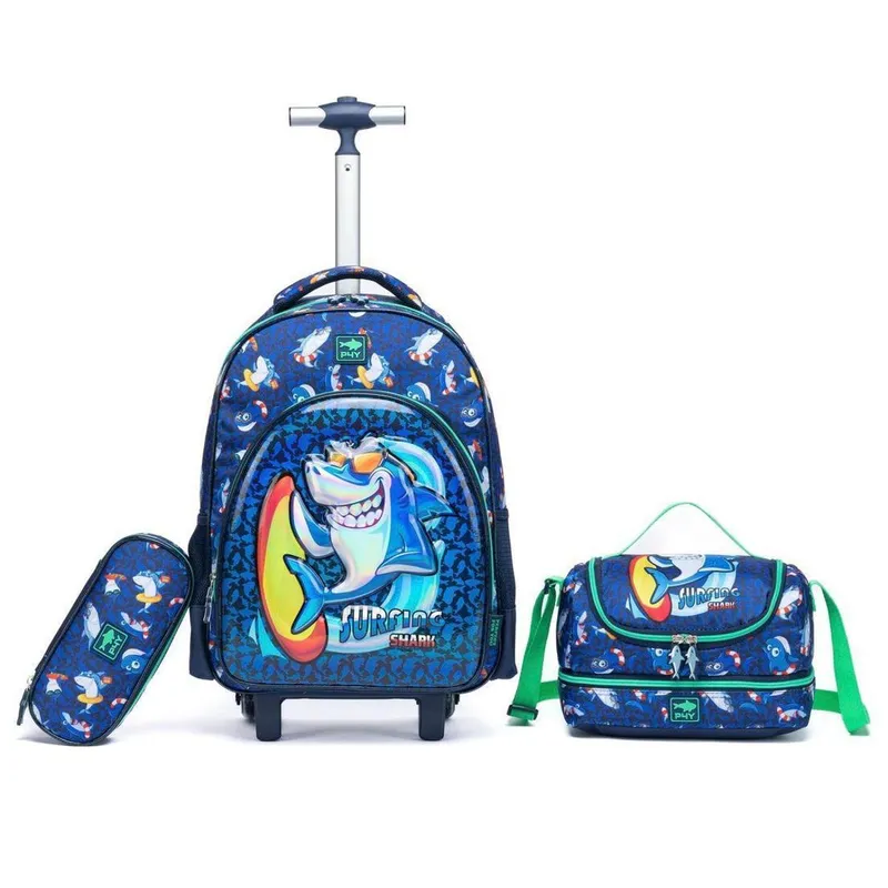 Kit Infantil Mochila De Rodinhas + Estojo + Lancheira Menino