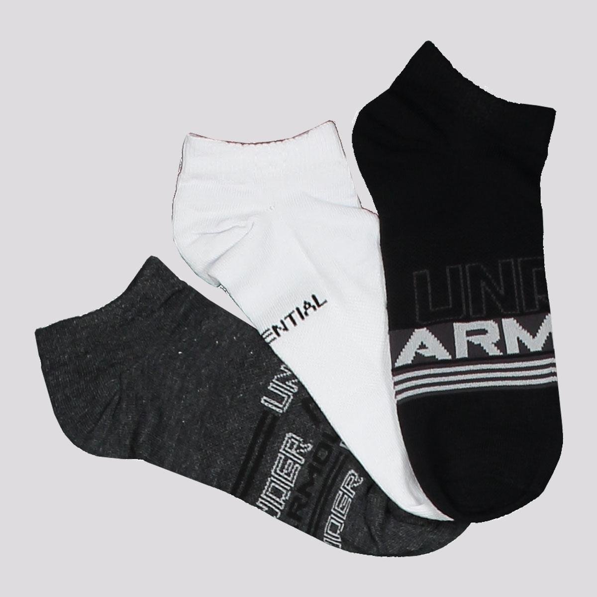 Kit Meia Under Armour Essential NS 3 Pares Preta Cinza e Branca