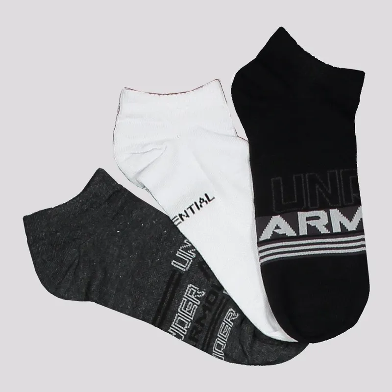 Kit Meia Under Armour Essential NS 3 Pares Preta Cinza e Branca