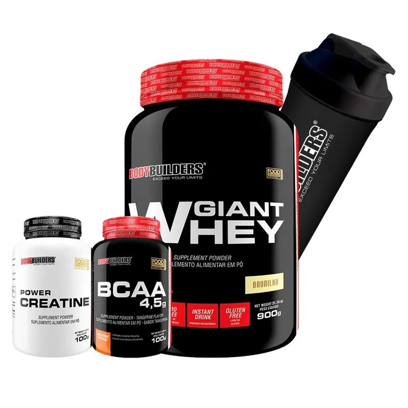 Kit Giant Whey 900g Morango + BCAA 4,5 100g + Creatina 100g + Coqueteleira – Bodybuilders