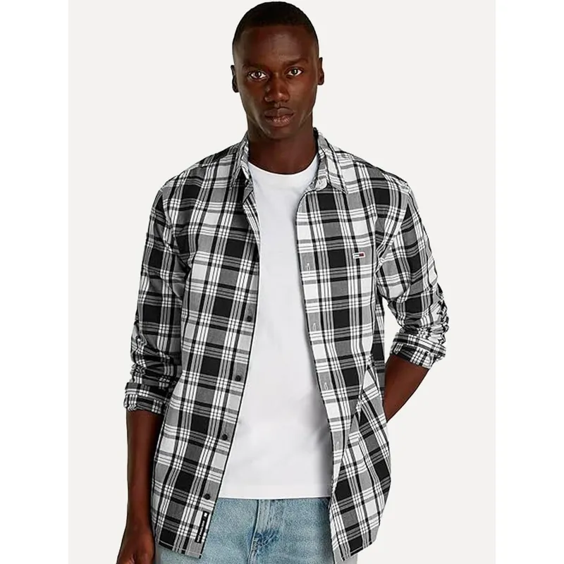 Camisa Tommy Jeans Masculina Regular Poplin Xadrez Check Preta