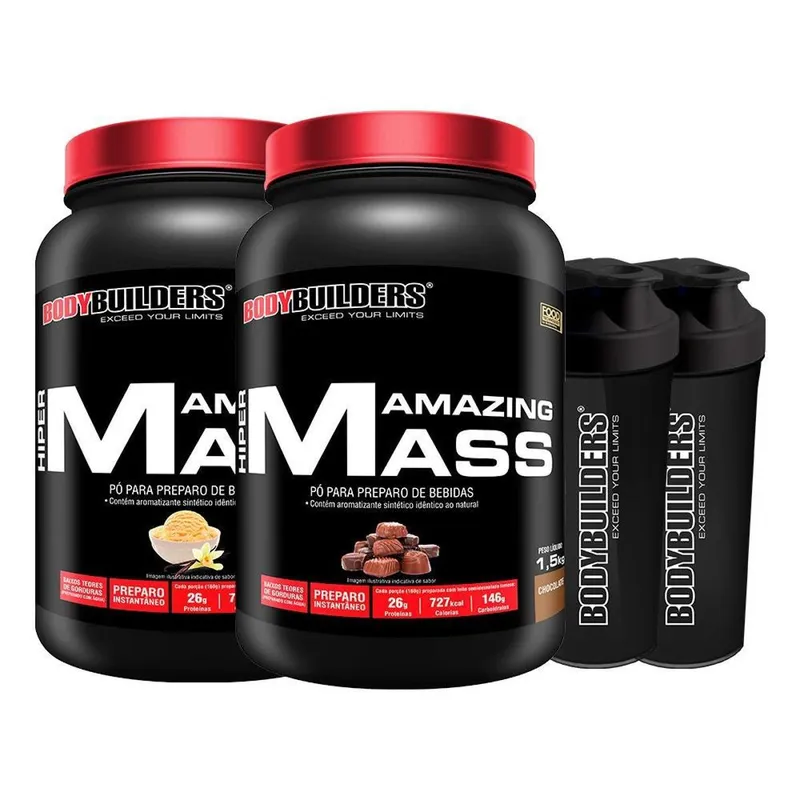 2x Hipercalórico Amazing Mass 1.5 + 2 Coqueteleiras - Bodybuilders