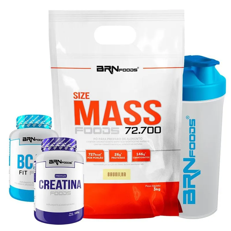 KIT 1x Size Mass 3kg + Creatina 100g + BCAA Fit 100g + Coqueteleira - BRN Foods