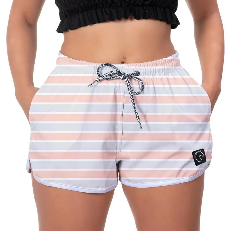Short Praia Premium Feminino Azul e Rosa Listrado Estampado Academia Caminhada Esporte