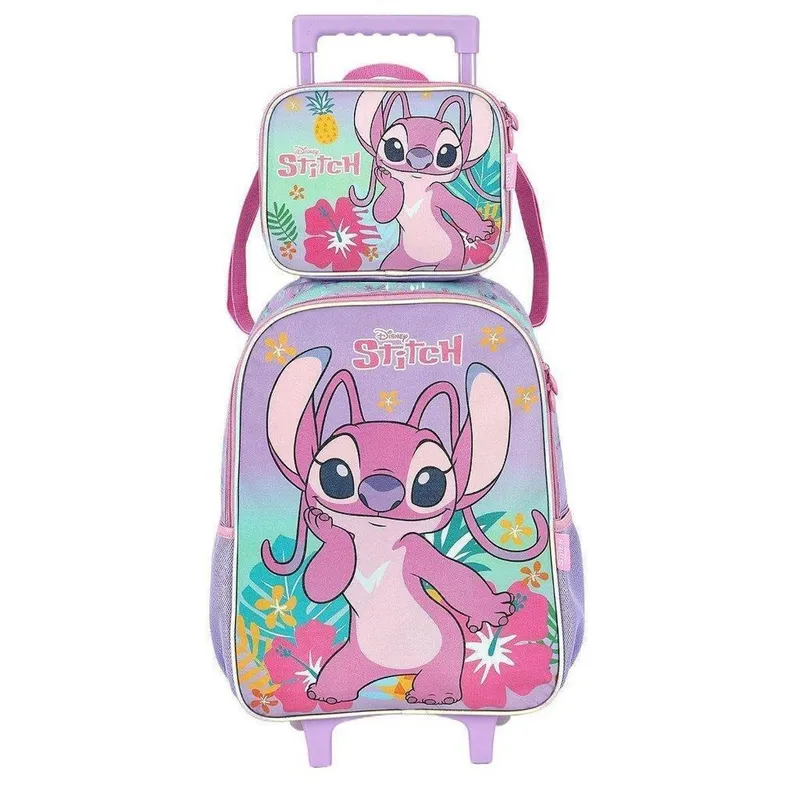 Kit Mochila Rodinha Lancheira Luxcel Stitch Floral Roxo