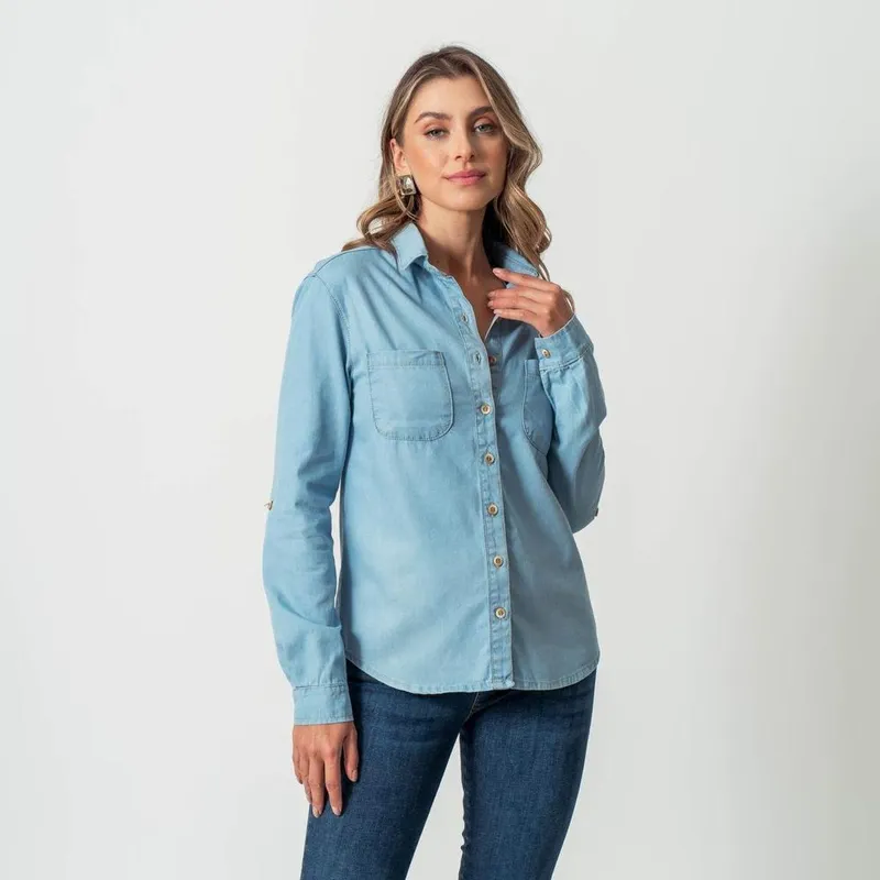 Camisa Jeans Leve Manga Longa Delavê