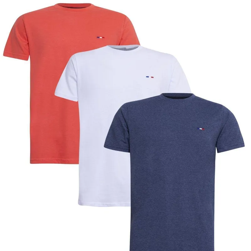 Kit 3 Camisetas Básicas Masculina Algodão Premium Estilo Clássico Bordado França Laranja Branca Azul