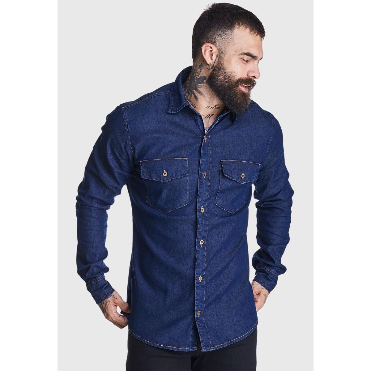 Camisa Jeans HNO Jeans Premium Slim 2 Bolsos Azul Marinho