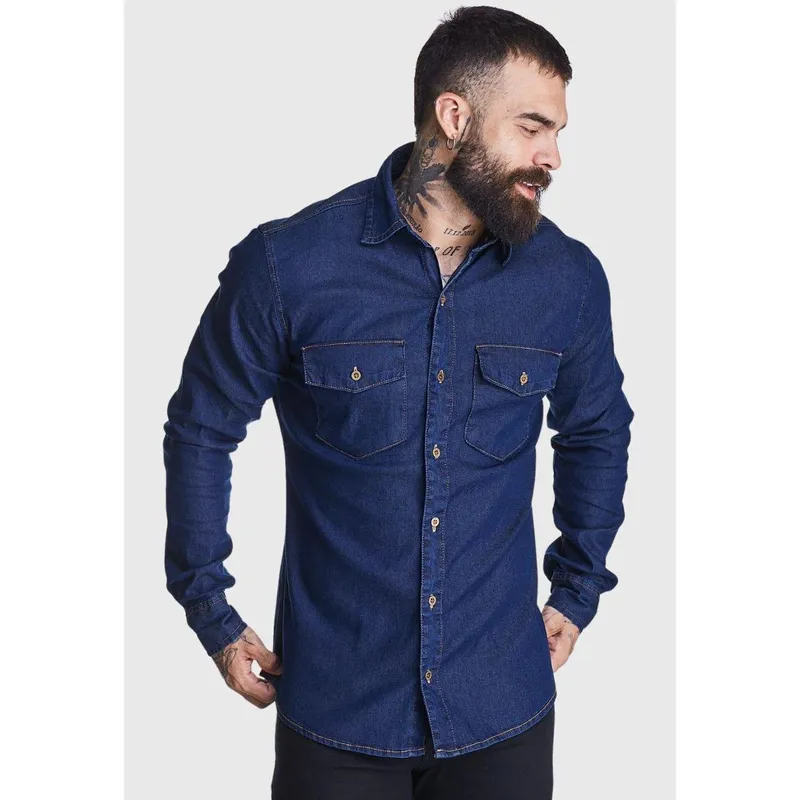 Camisa Jeans HNO Jeans Premium Slim 2 Bolsos Azul Marinho
