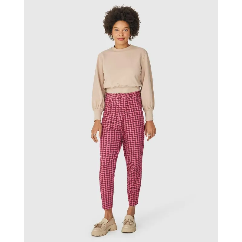 Calça Alfaiataria Feminina Estampa Pied De Poule Em Moletom Stretch