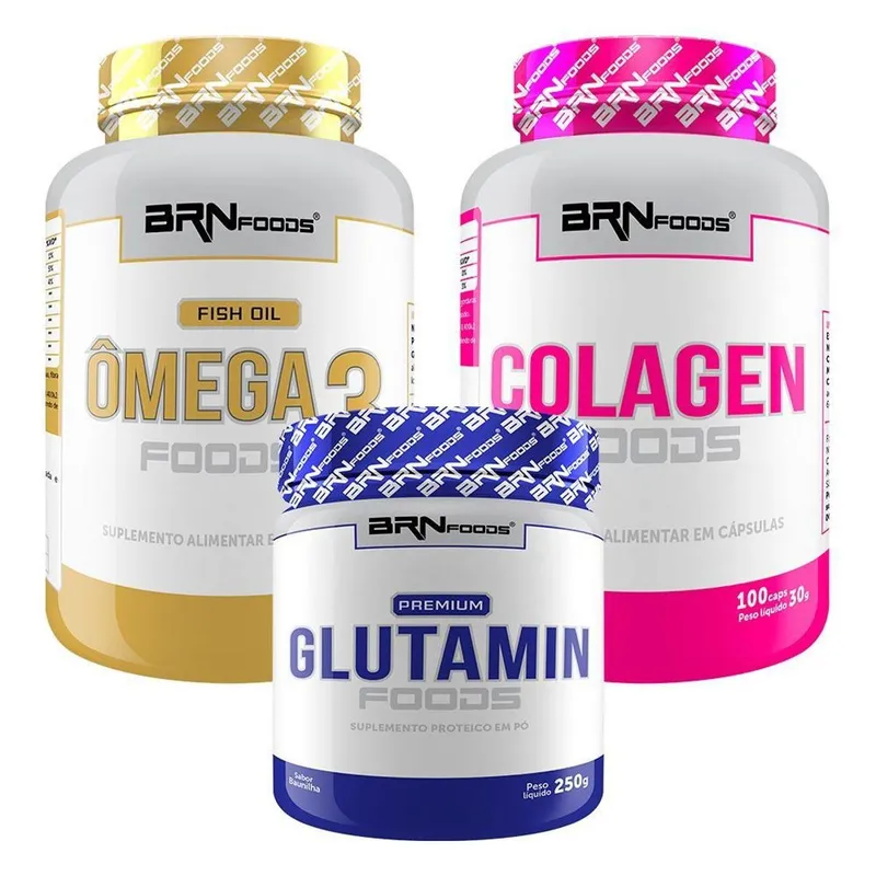 KIT - Ômega 3 120g + Colágeno 100 Caps + Glutamin 250g - BRN Foods