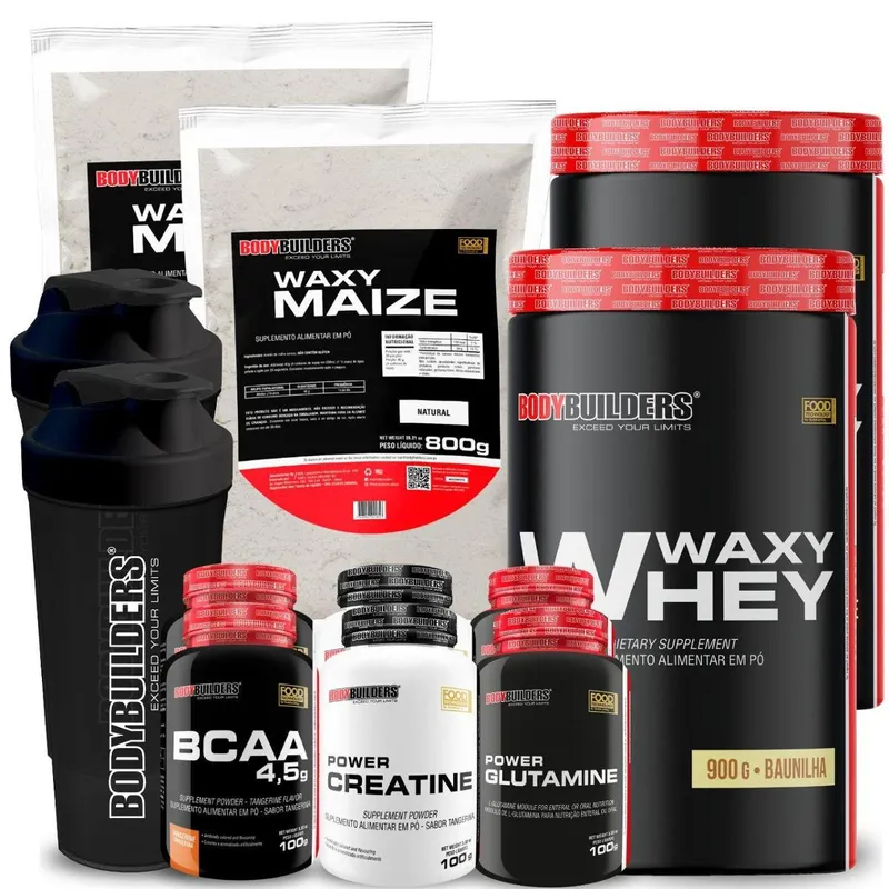 KIT 2x Whey Protein Waxy Whey + 2x BCAA +2xCreatina + 2x Waxy Maize + 2x Glutamina + 2x Coq - BB