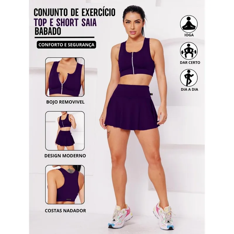 Conjunto Academia Top Com Ziper E Bojo E Short Saia Babado Sinta O Conforto E A Segurança
