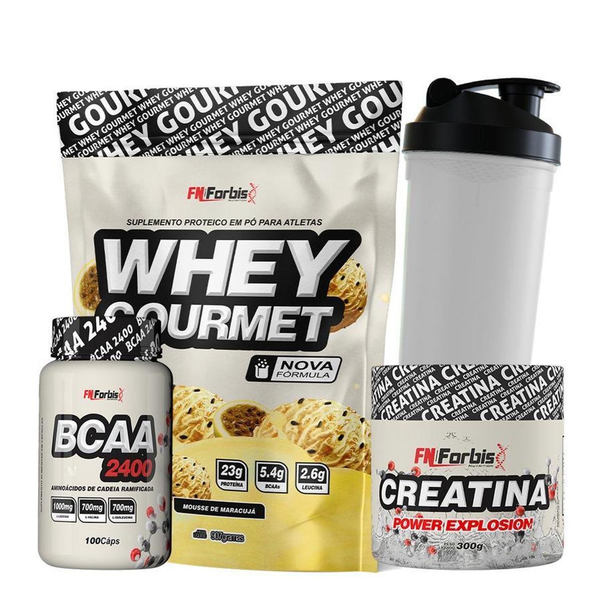 Kit Whey Protein Refil + Creatina 300g + BCAA cáps + Coqueteleira - FN Forbis Nutrition