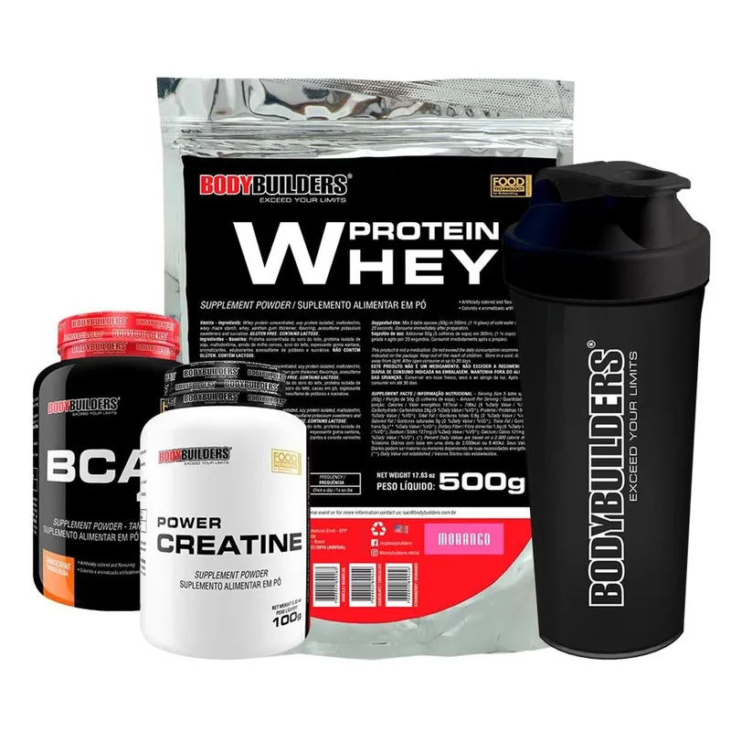 Kit Whey Protein 500G + BCAA 4,5 100g + Creatina 100G + Coqueteleira - Bodybuilders