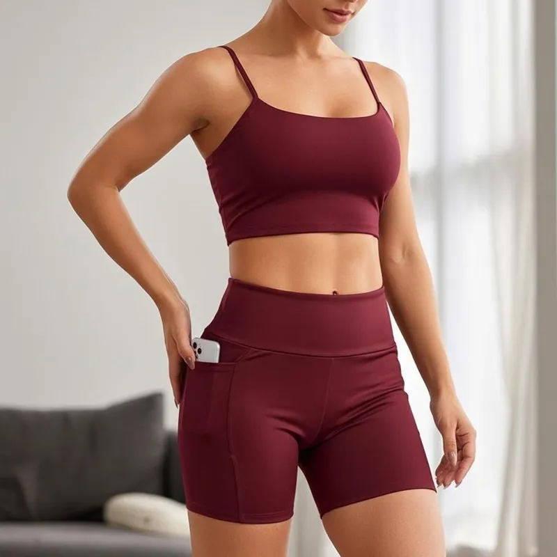 Shorts Feminino Academia Treino Cintura Alta Fitness Bolsos Laterais